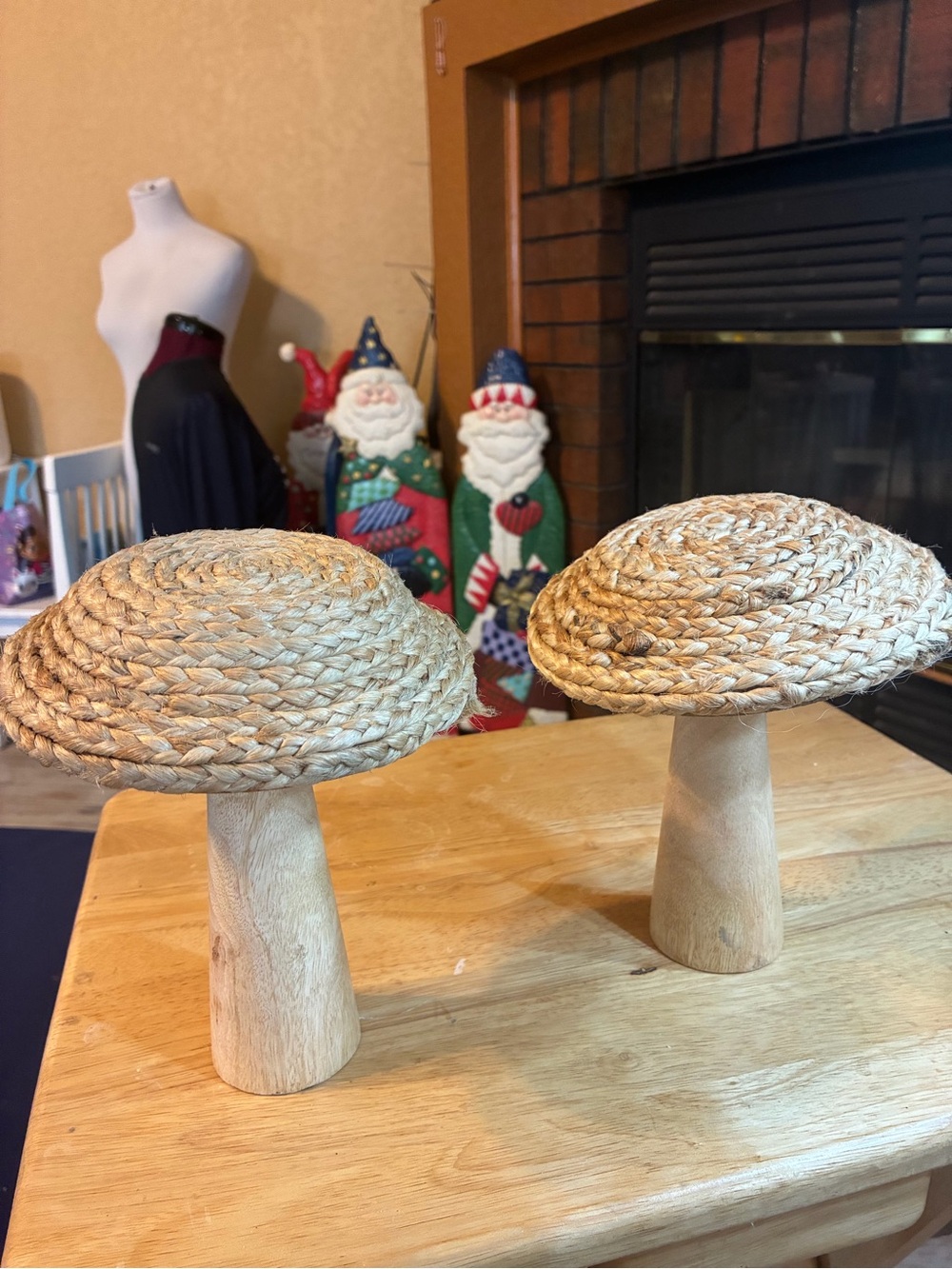 Vintage  wooden mushroom/toadstool With Rattan Top Handmade 7.5” Tall